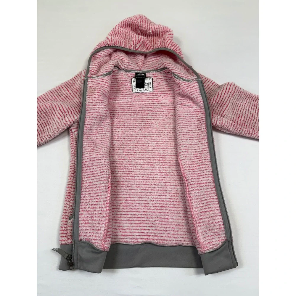 The North Face Girls Pink White Striped Full Zip Hooded‎ Fleece Jacket L (14/16)